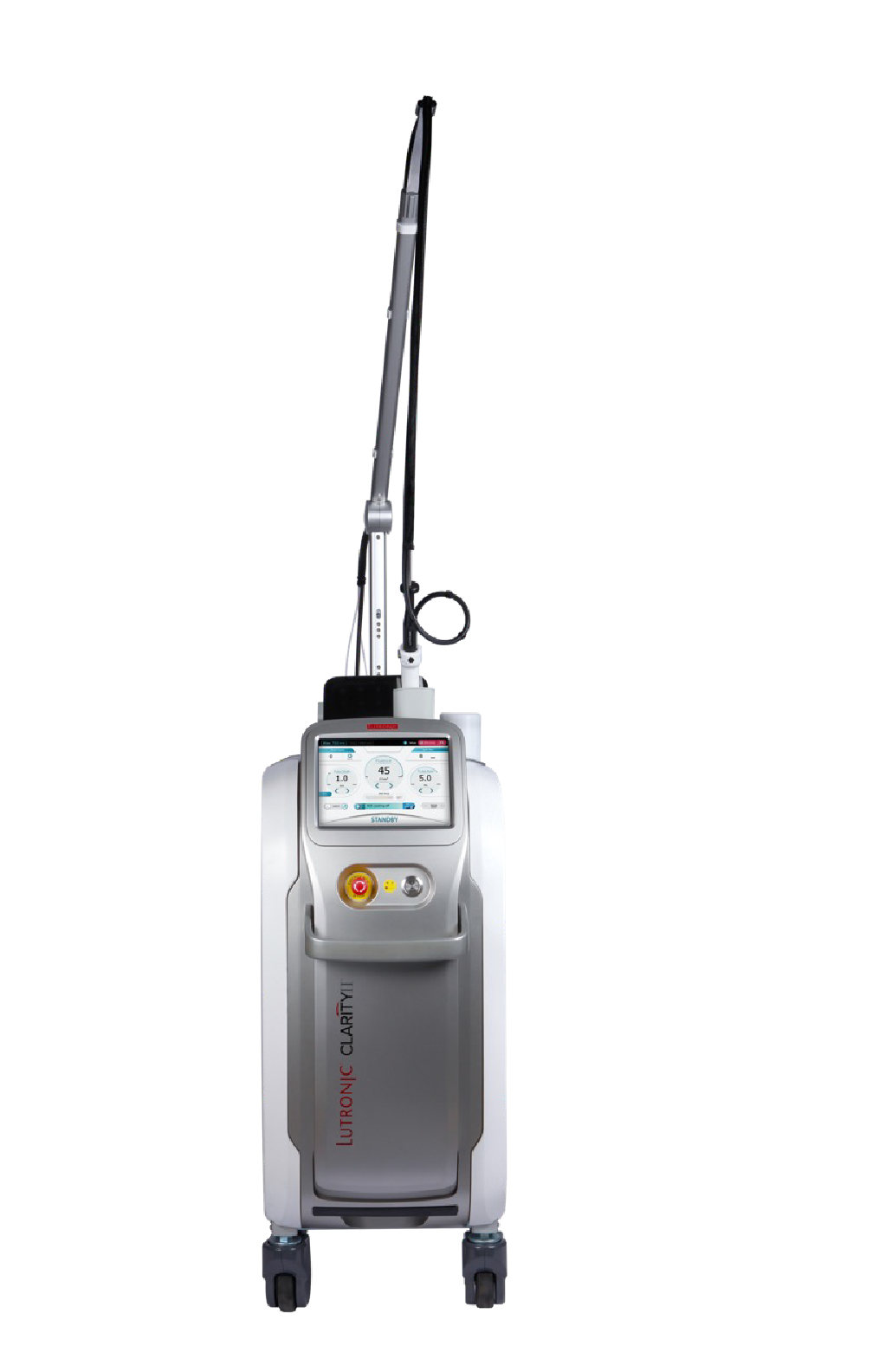 Vista laterale di un apparecchio laser medicale con braccio collegato e pannello di controllo touchscreen. Grigio e bianco.