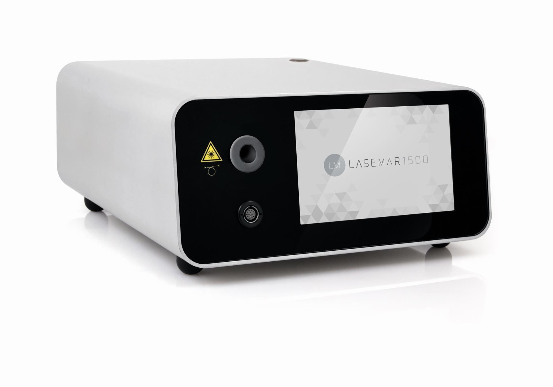 Dispositivo laser medico bianco con pannello frontale nero dotato di schermo e pulsanti.