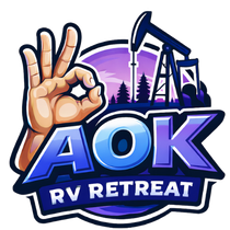 A purple, blue, and white logo for AOK RV Retreat, featuring an "OK" hand gesture and an oil pump jack silhouette.