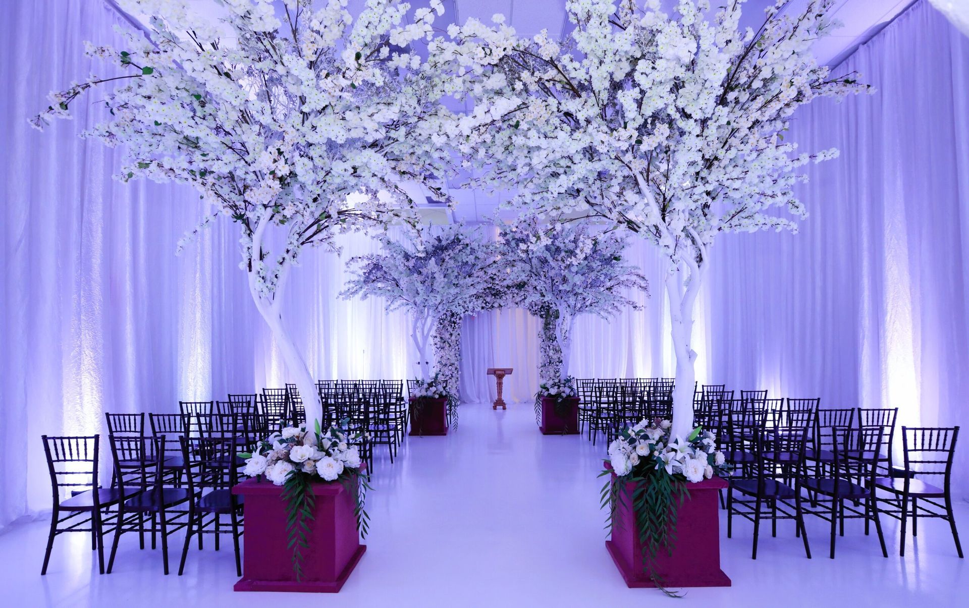 A row of chairs are lined up in a room with purple curtains and white flowers.