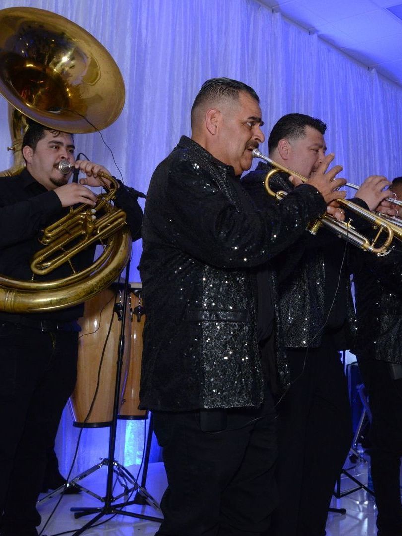 A mariachi band playing; musicians wear black sequined jackets and play brass instruments.