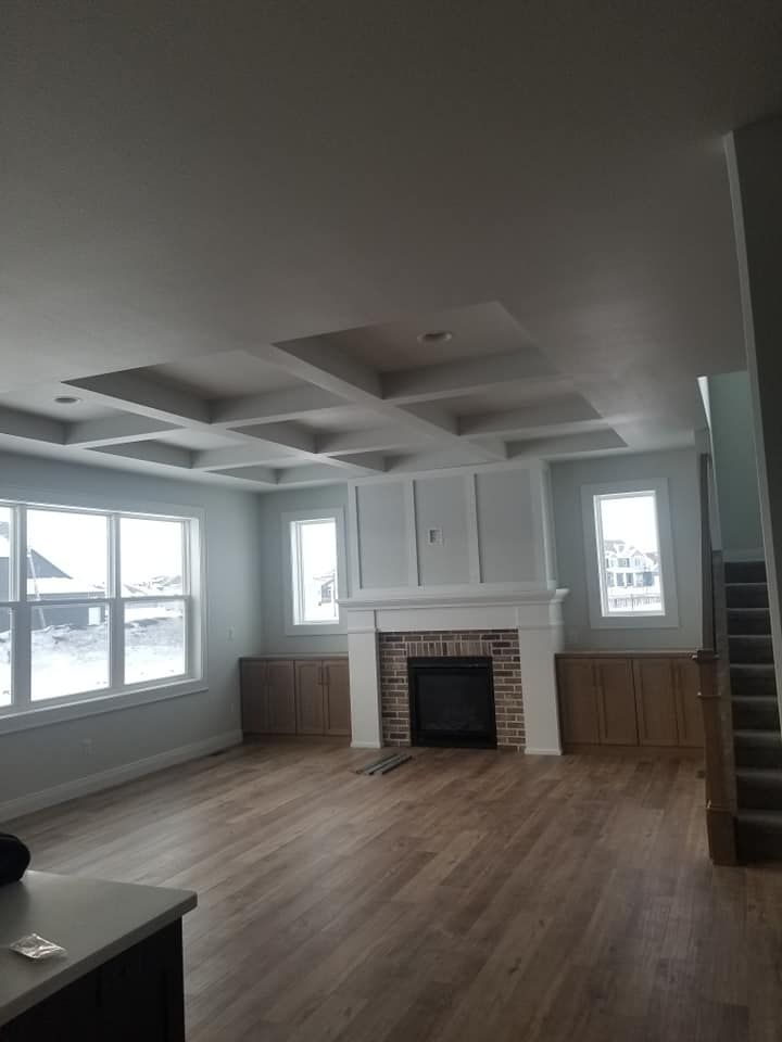 A vaulted drywall ceiling
