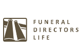 Funeral Directors Life logo: Brown stylized columns in a square, text 