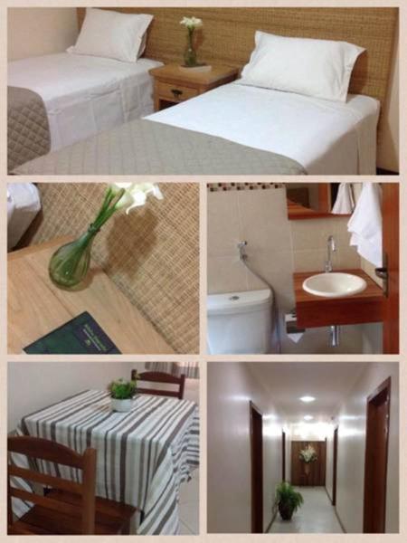 Uma colagem de fotos de um quarto de hotel incluindo duas camas