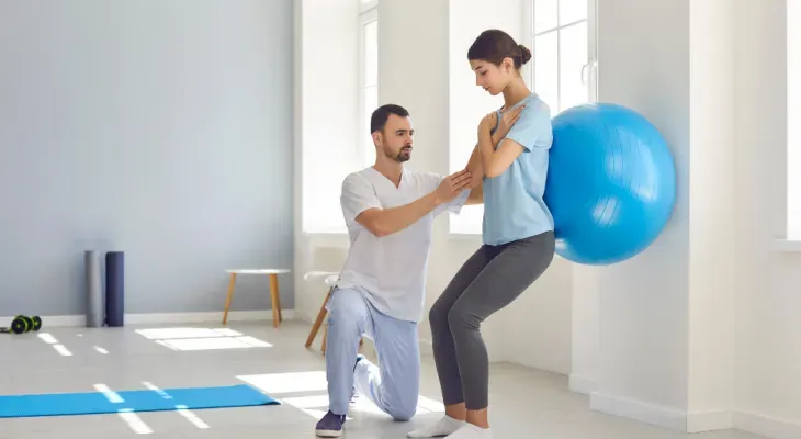 Un uomo aiuta una donna a usare la palla da ginnastica per fare squat in una stanza luminosa.