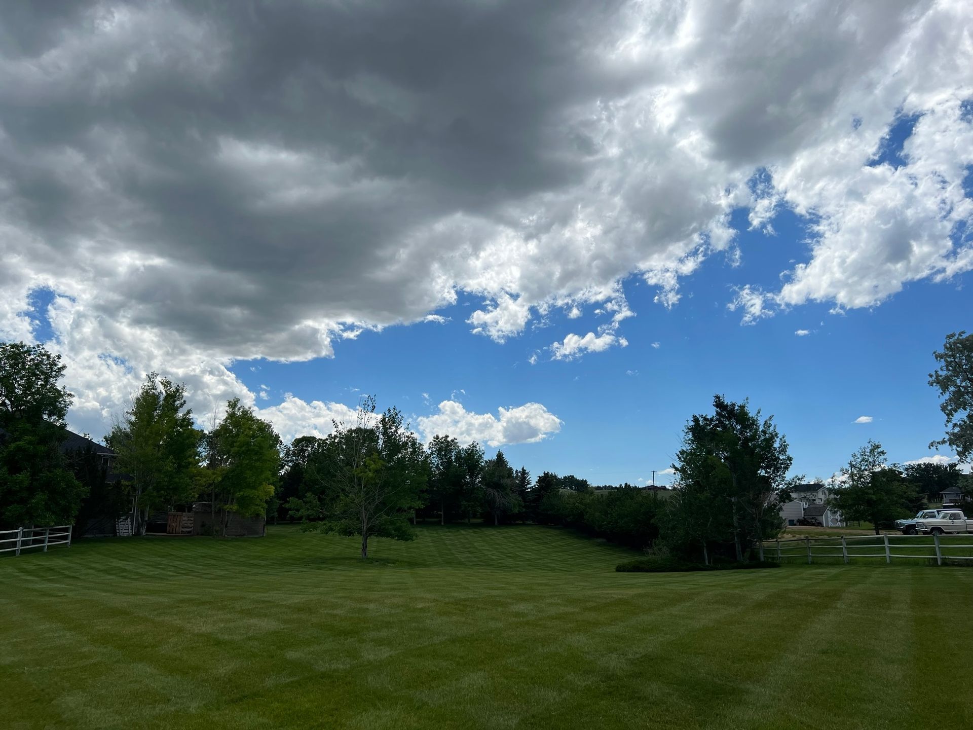 Green lawn under a blue sky with puffy white and gray clouds. Trees line the back.