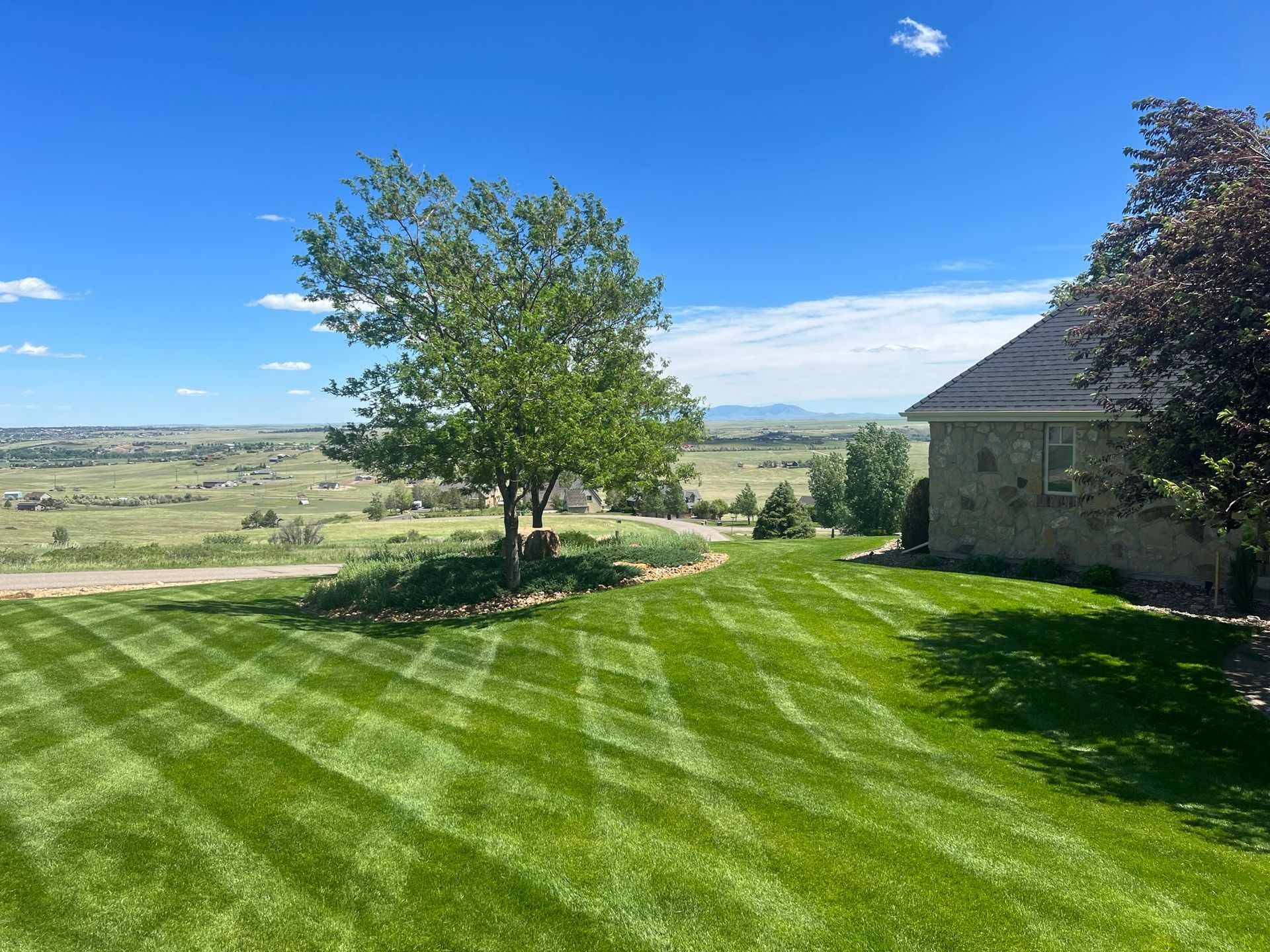 Green lawn with mowing stripes, tree, house, and a distant view of a field and mountains under a blue sky.