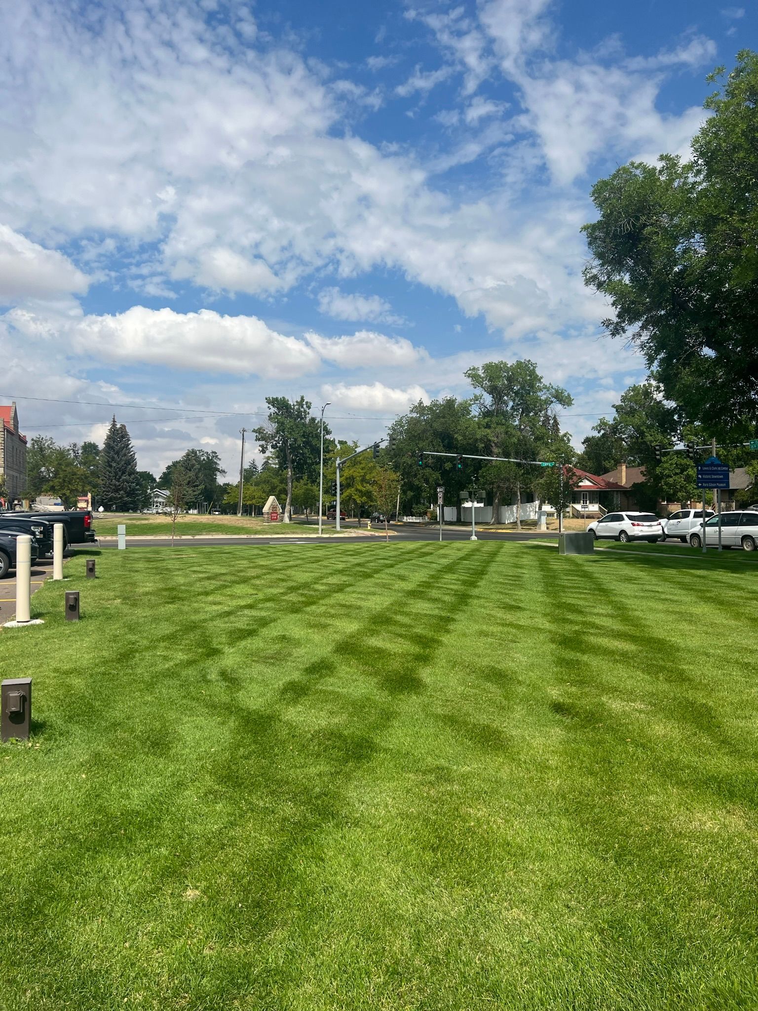 Lush green lawn with striped mowing pattern, trees, blue sky with clouds, street, and some buildings.