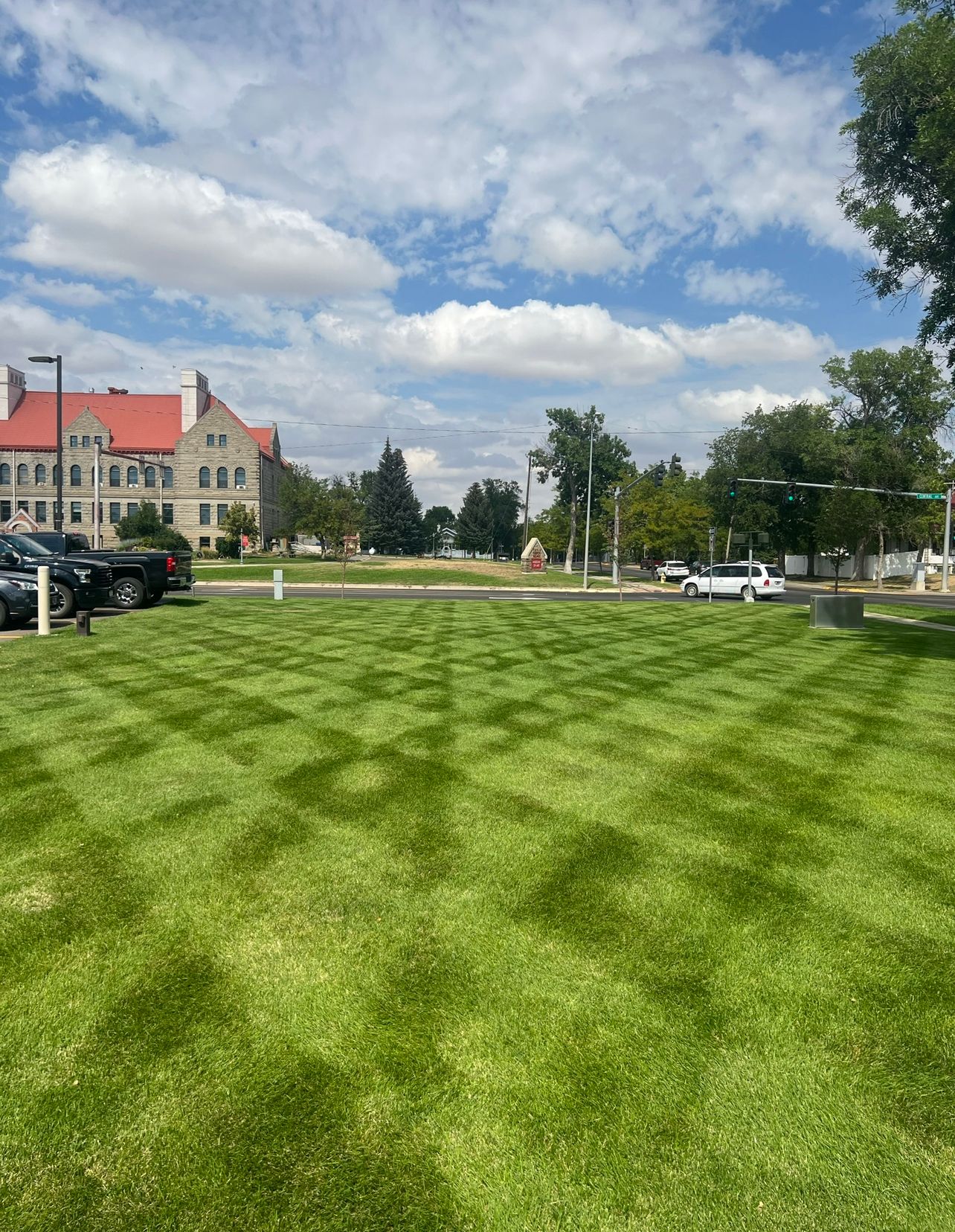 Green lawn with a checkerboard pattern, buildings and blue sky with clouds in the background.