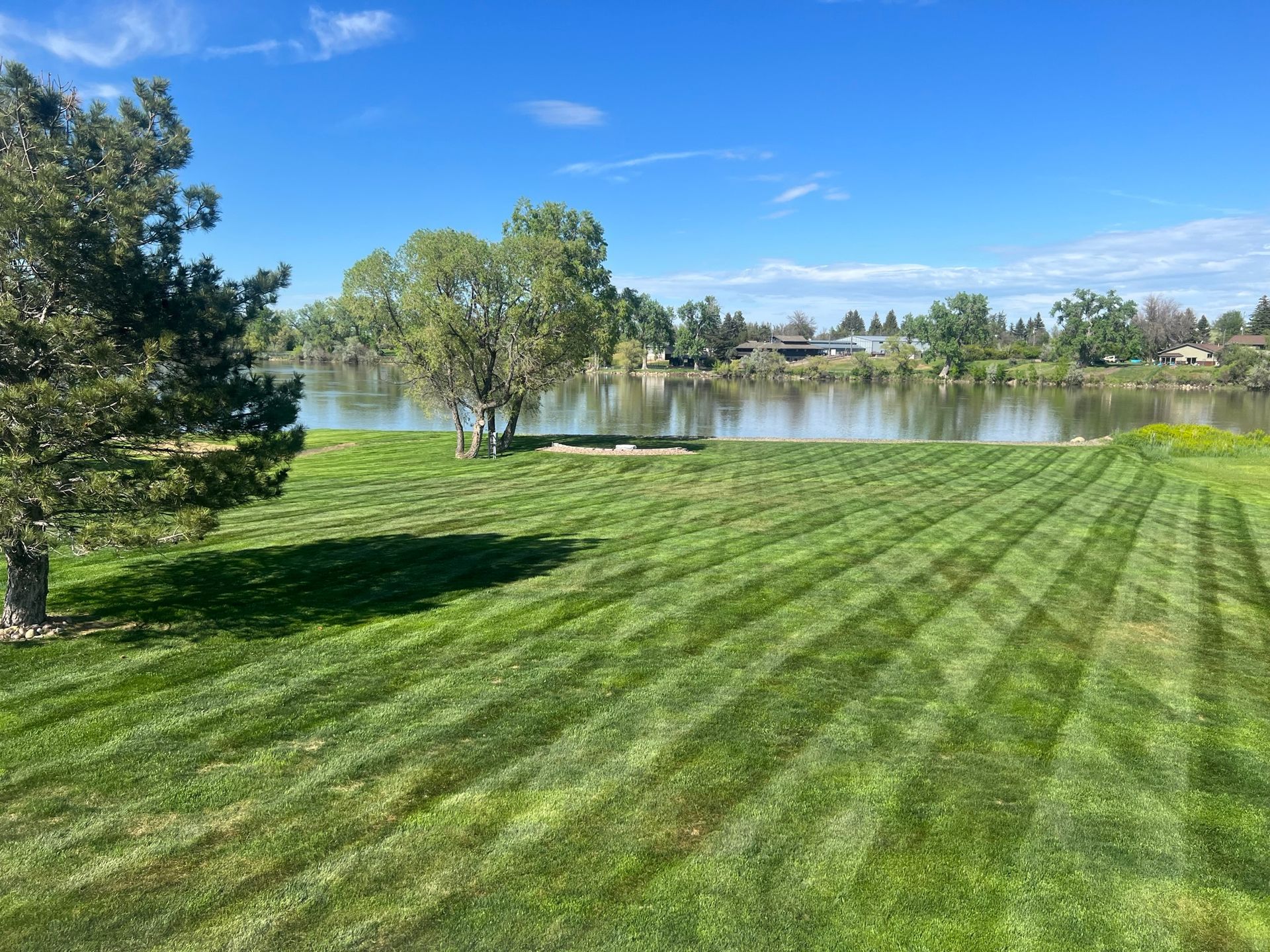 Lawn mowed with stripes, overlooking a lake under a blue sky. Trees and houses in the background.