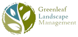 Greenleaf Landscape Management logo: tree-like shape with green, blue, and white leaves within a textured green circle.