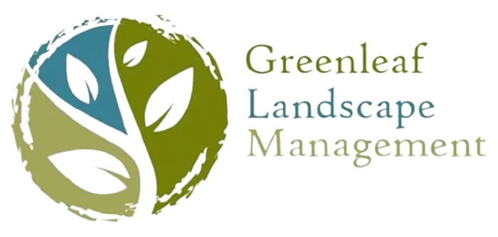 Greenleaf Landscape Management logo: tree-like shape with green, blue, and white leaves within a textured green circle.