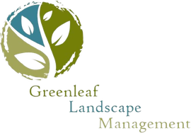 A logo for greenleaf landscape management with a tree in a circle