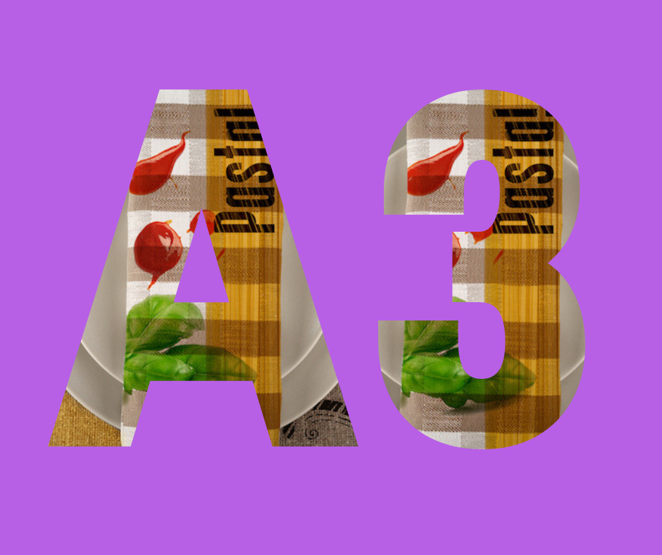 Purple rectangle with A3 in bold text and images of plates, chillies and basil in the A3