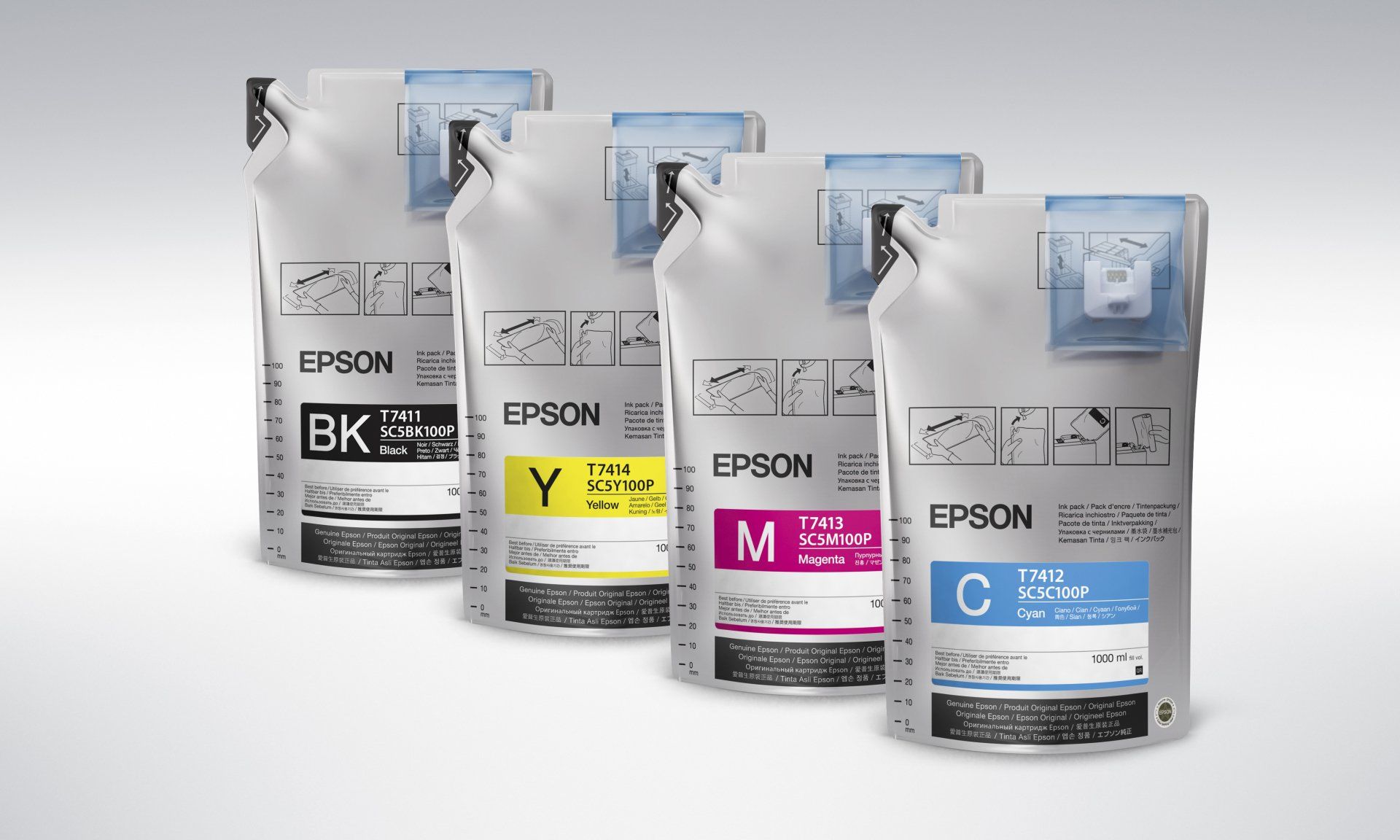 Epson dye sub ink pouches in cyan magenta yellow and key (black)