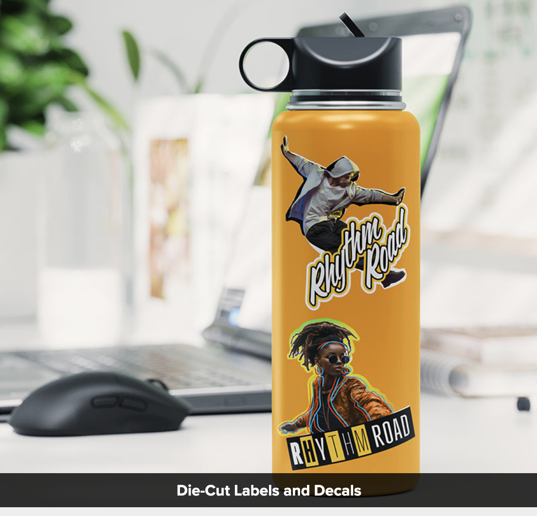 Roland DG BN2-20 vinyl application on a yellow drink bottle