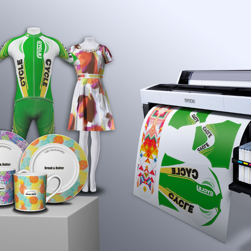 Epson Dye Sub print example of bicycle clothing, ceramics and dress, with printer and print.
