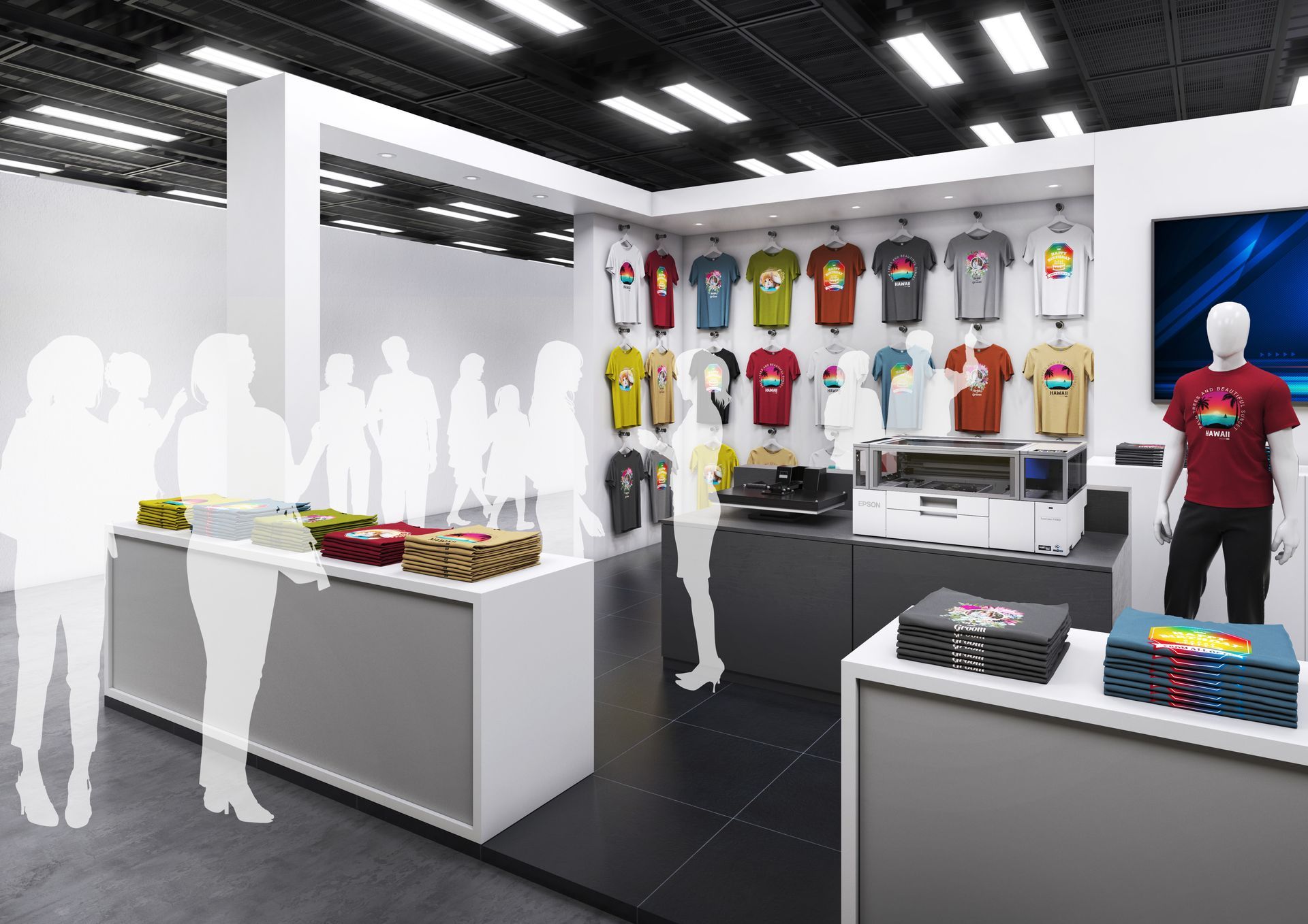 Epson SC-F1060 set up in a garment shop for custom printing