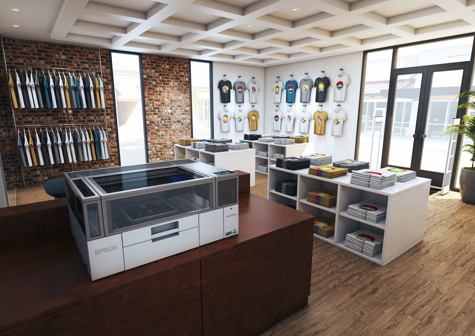 Epson SC-F1060 set up in a garment shop for custom printing