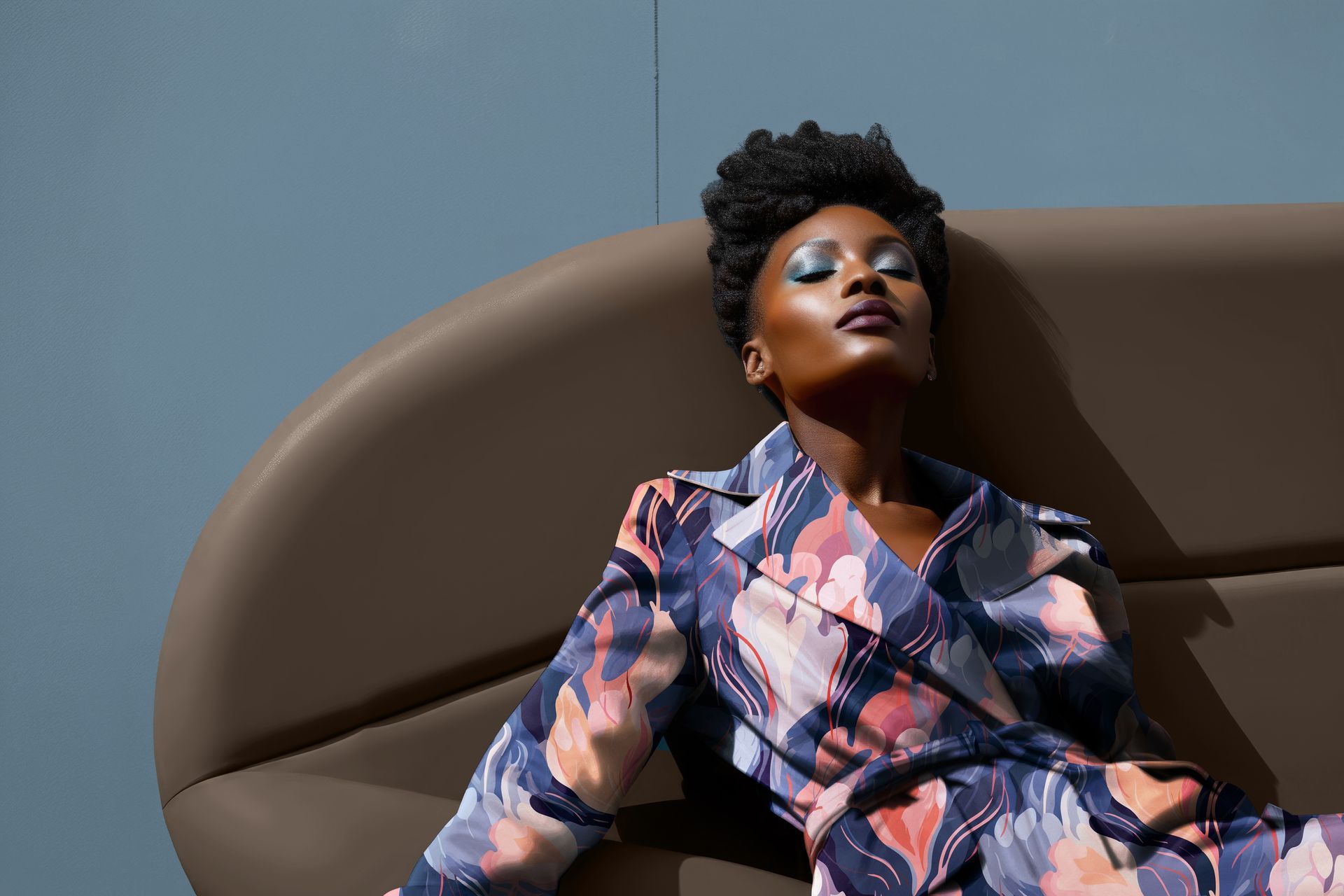 Woman lying back on a couch wearing a bright colourful dye-sub outfit