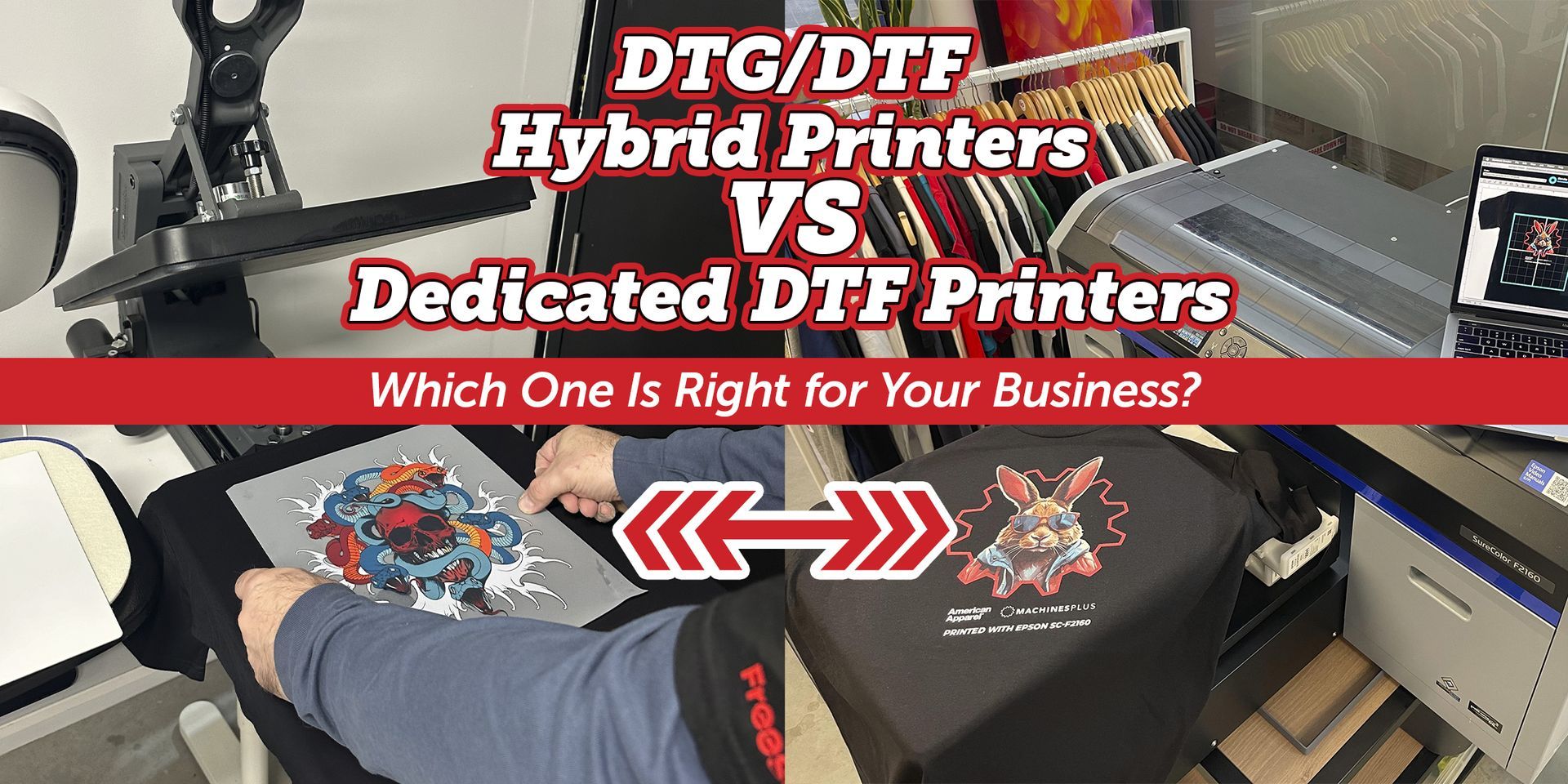 Image of a DTF sheet being pressed and a DTG printer with a printed t-shirt. Over lay text read: DTG/DTF Hybrid Printers vs Dedicated DTF Printers. Which one is right for your business?
