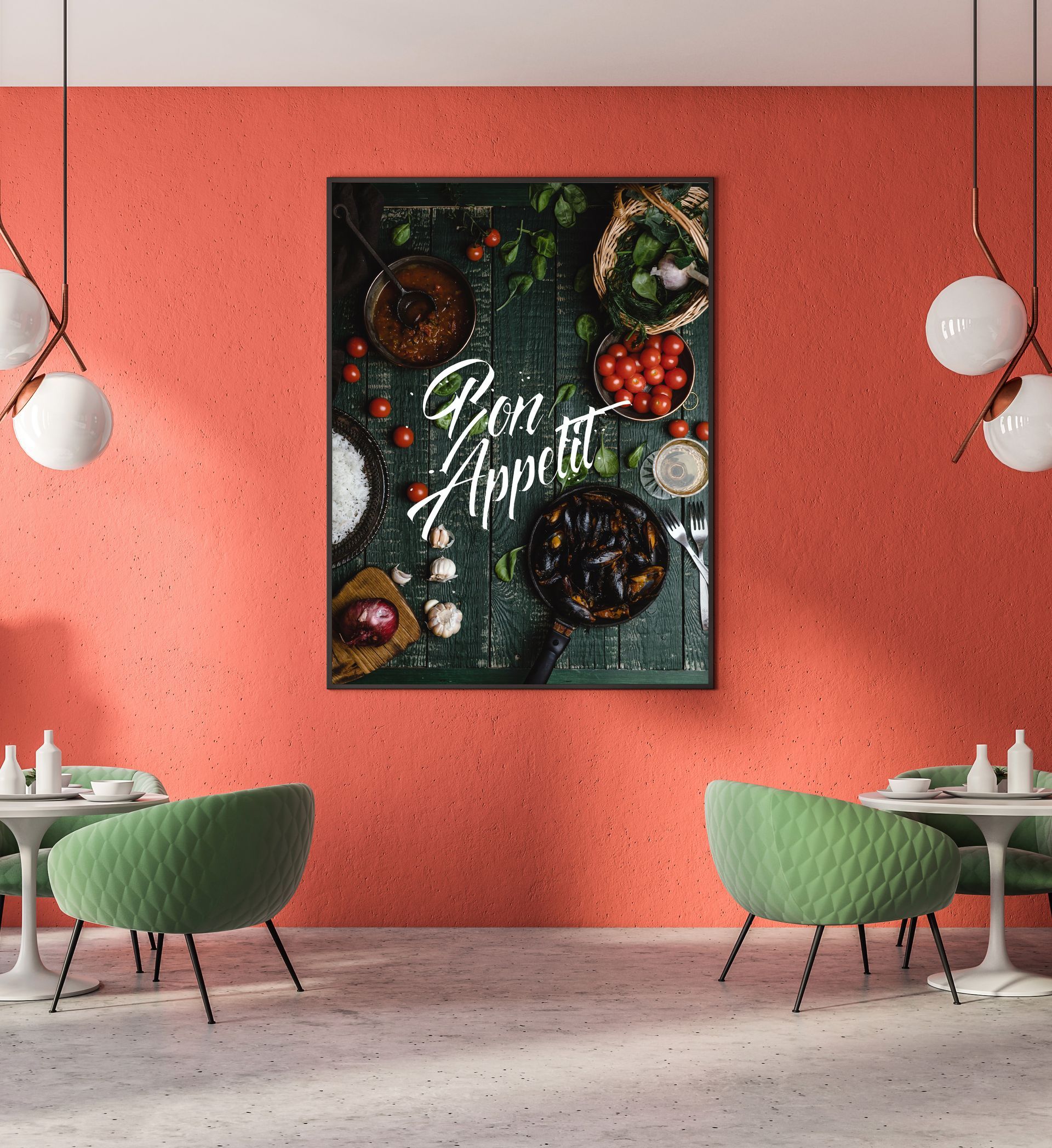 interia of a cafe with a large print of food on the wall