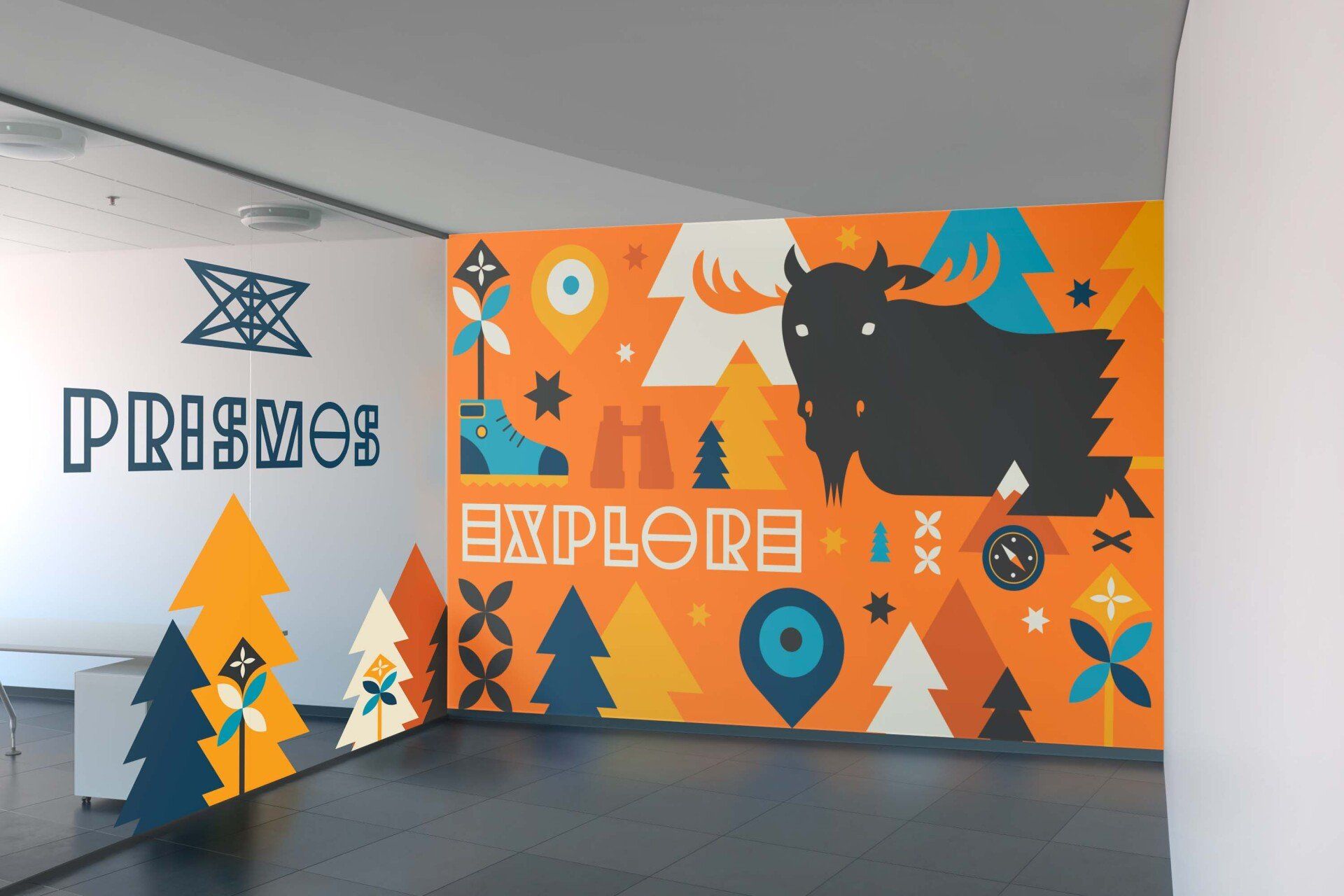 photo of an interia office entrance with printed vinyl graphics on the wall