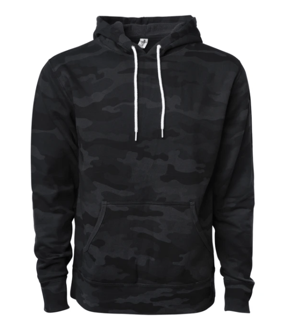 hoodie in black and gre camo pattern