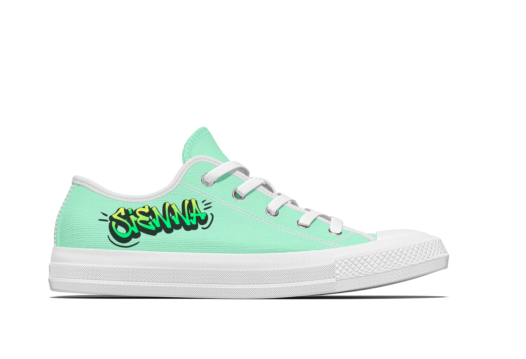 Roland DG TY-300 DTF print example, green graffiti on a green trainer.