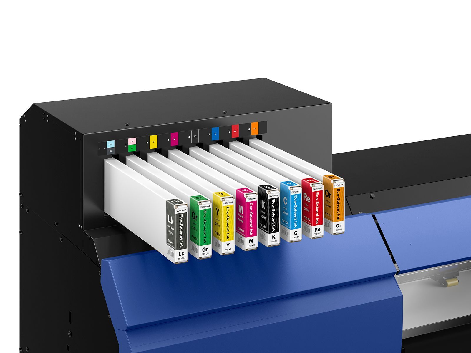 Roland VG4 TR3 eco-solvent inks: 8-colour sets for smooth gradients, accurate brand matching, and high-productivity printing.