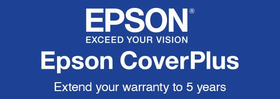 Epson Logo with 5 year warranty, blue background