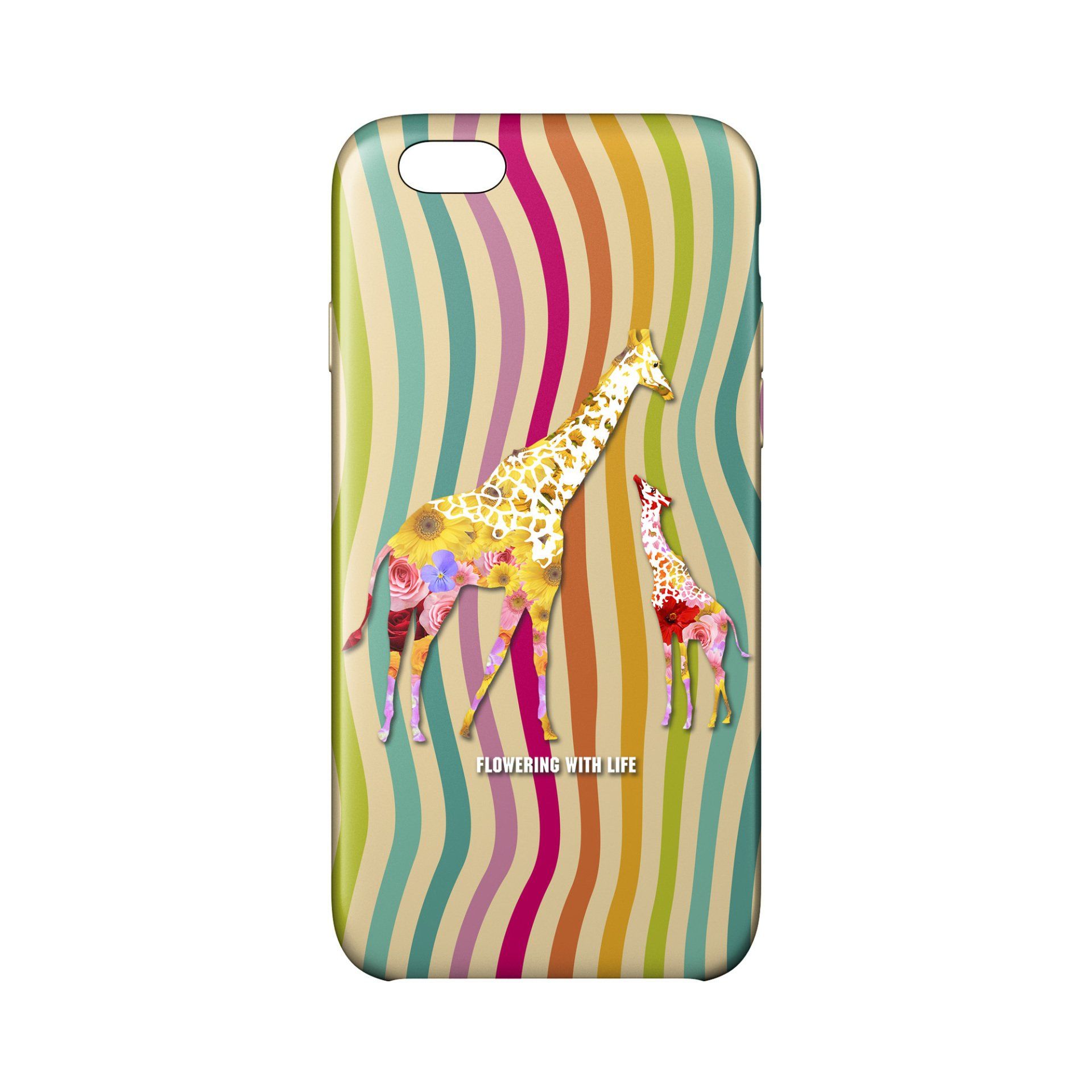 Close up of a phone case printed with colourful wavy lines and giraffes.