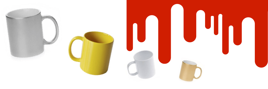 Three ceramic coffee mugs with a red drio pattern behind them