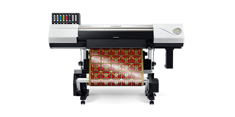 Roland DG UV printer with example of UV print on take up roll