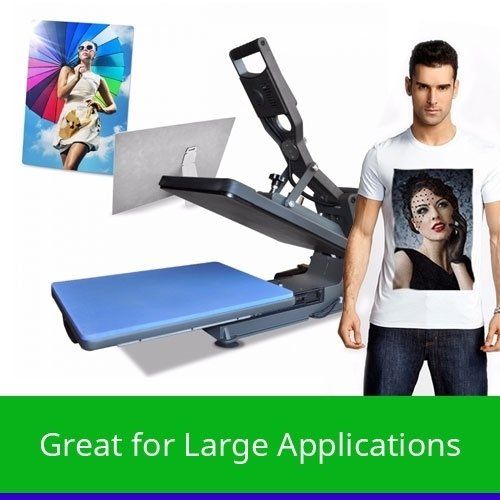 clam shell heat press with t-shirt and metal print examples