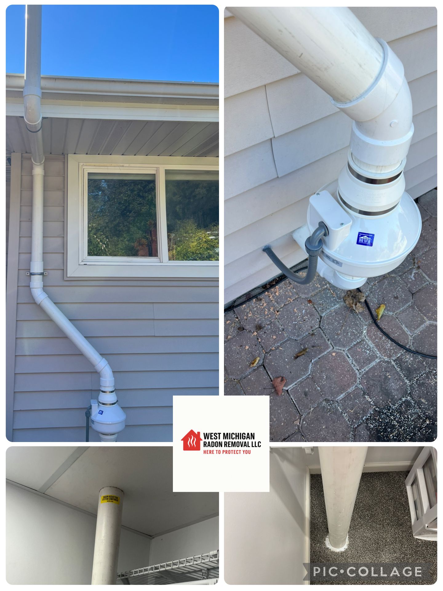 White pipes in a basement, running along a concrete wall, covered in plastic sheeting.