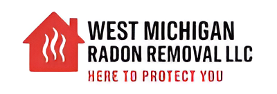 Logo for West Michigan Radon Removal LLC: red house with smoke and text "Here to Protect You".