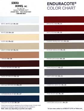 Enduracote color chart from Sebeka Homes with color swatches and names.