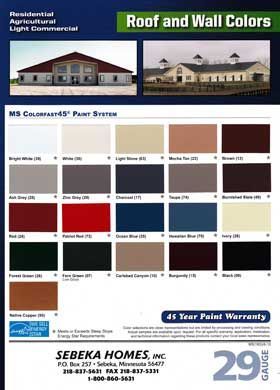 Color chart for residential, agricultural, and light commercial roofs/walls. Includes various paint colors and a 45-year warranty.