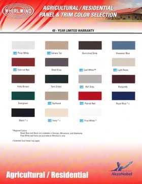 Color chart for agricultural/residential panels and trims, featuring various color options from Whirlwind.