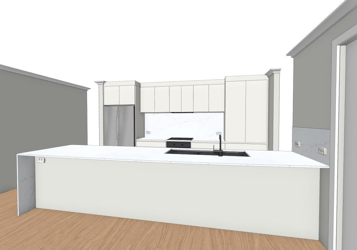 Modern kitchen with white island, cabinets, stainless steel appliances, and wood flooring.