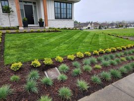 Lush green lawn and flowerbeds border a house with white exterior and dark door.