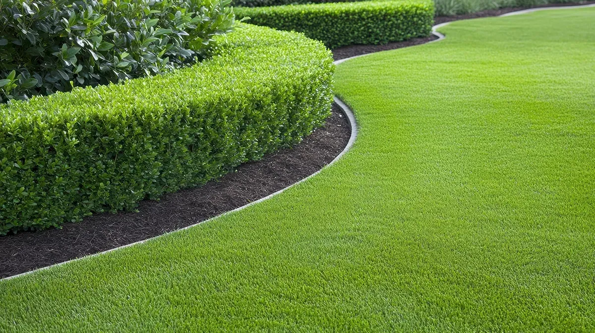 Green lawn with curved hedge border.