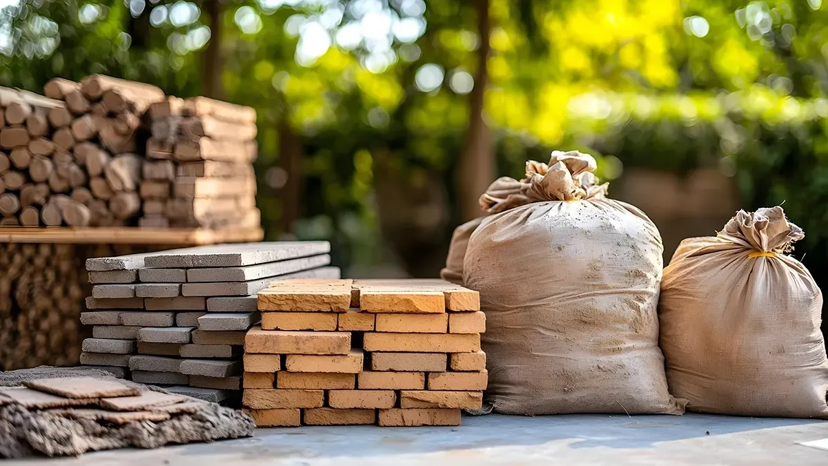 Stacks of bricks, wood, and burlap sacks outdoors, prepared for construction or gardening.