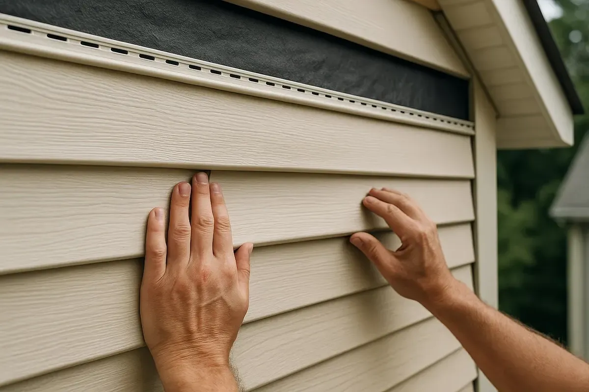 Hands installing tan vinyl siding on a building's exterior.