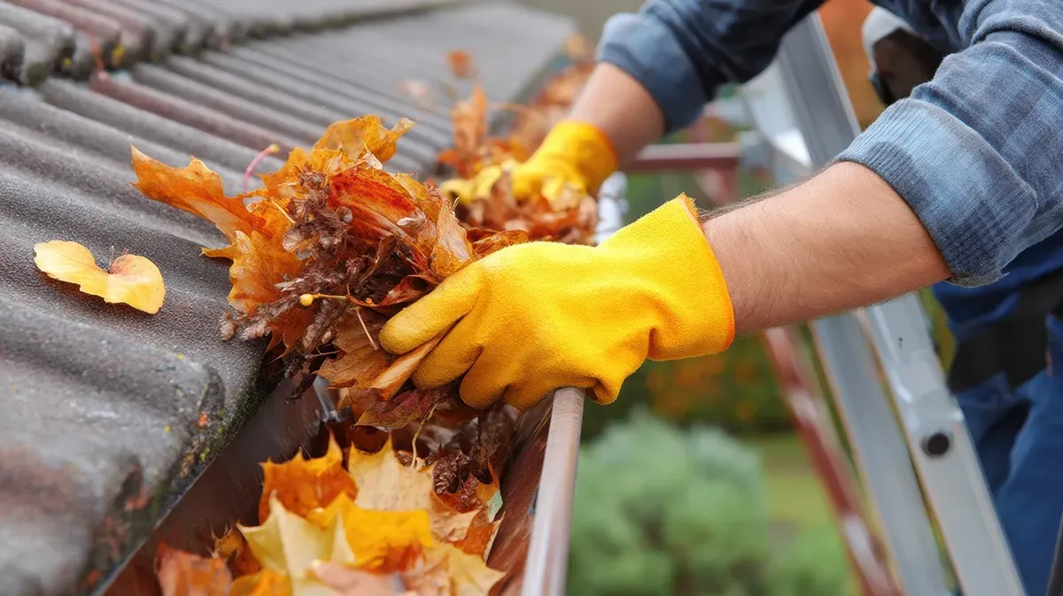 Person wearing yellow gloves cleaning leaves from a rooftop gutter.