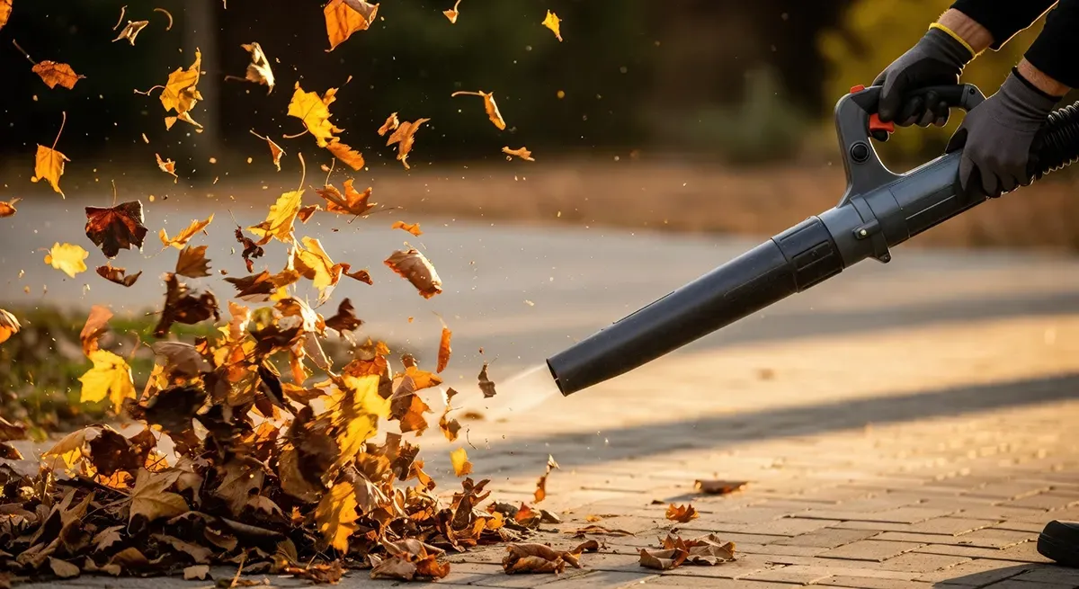 Person using a leaf blower, blowing leaves on a paved surface.