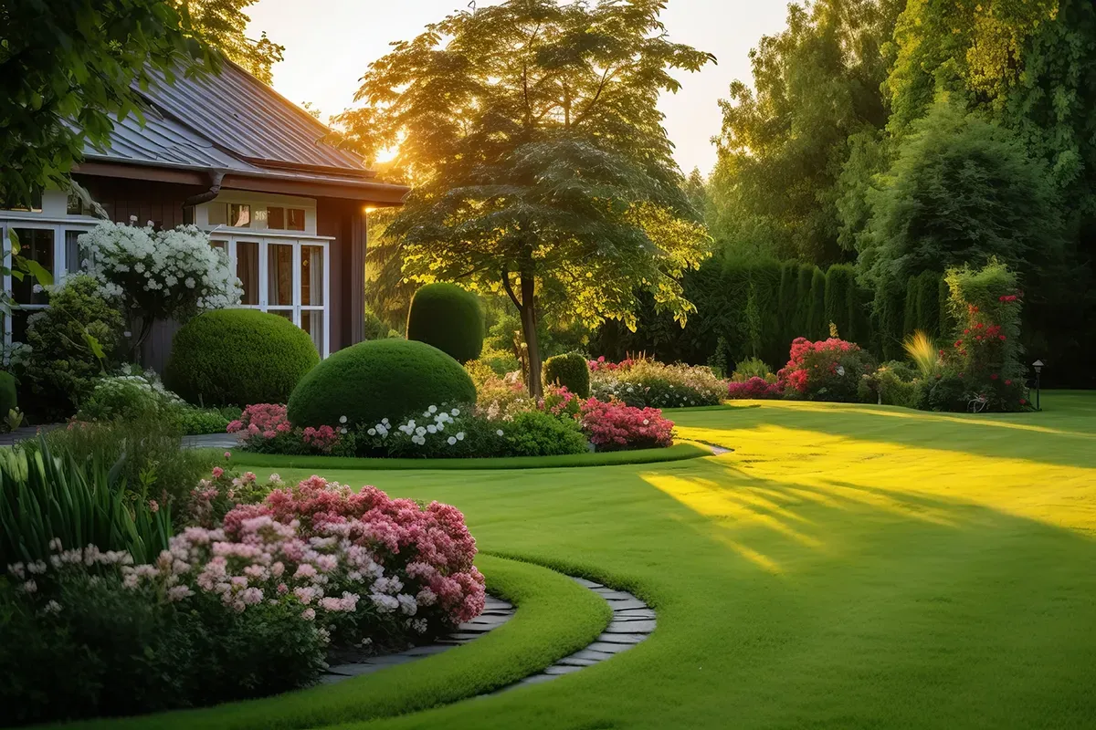 Lush garden with vibrant flowers and a manicured lawn, bathed in golden sunlight, near a house.