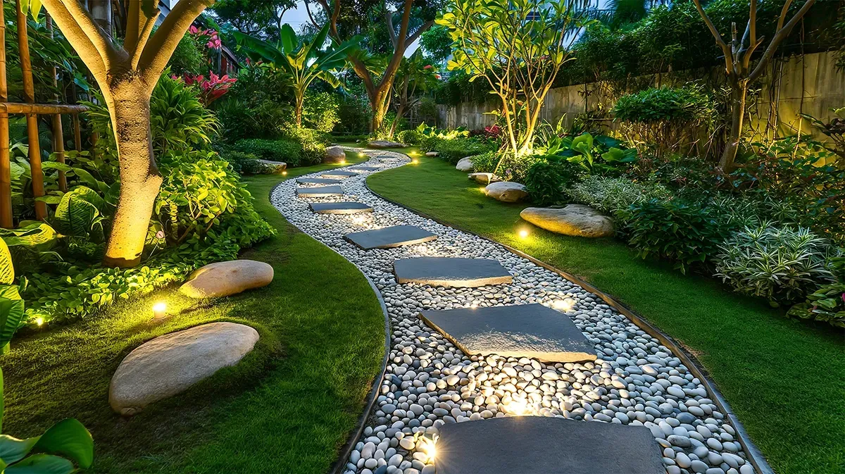 Stone pathway winding through a lush garden, illuminated by soft lighting.