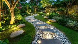 Stone pathway winding through a lush garden, illuminated by soft lighting.